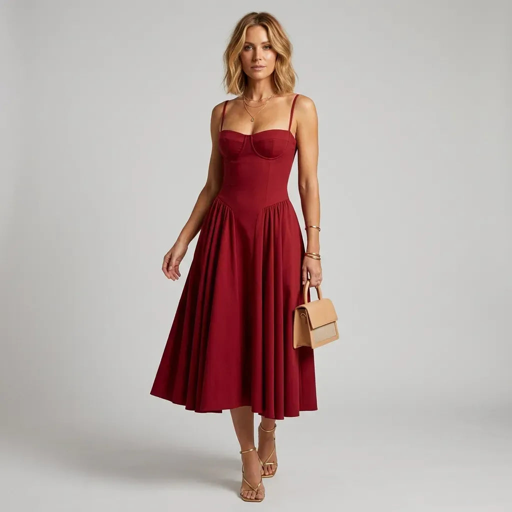 Midi A-Line Cocktail Dress with Spaghetti Straps Red 10