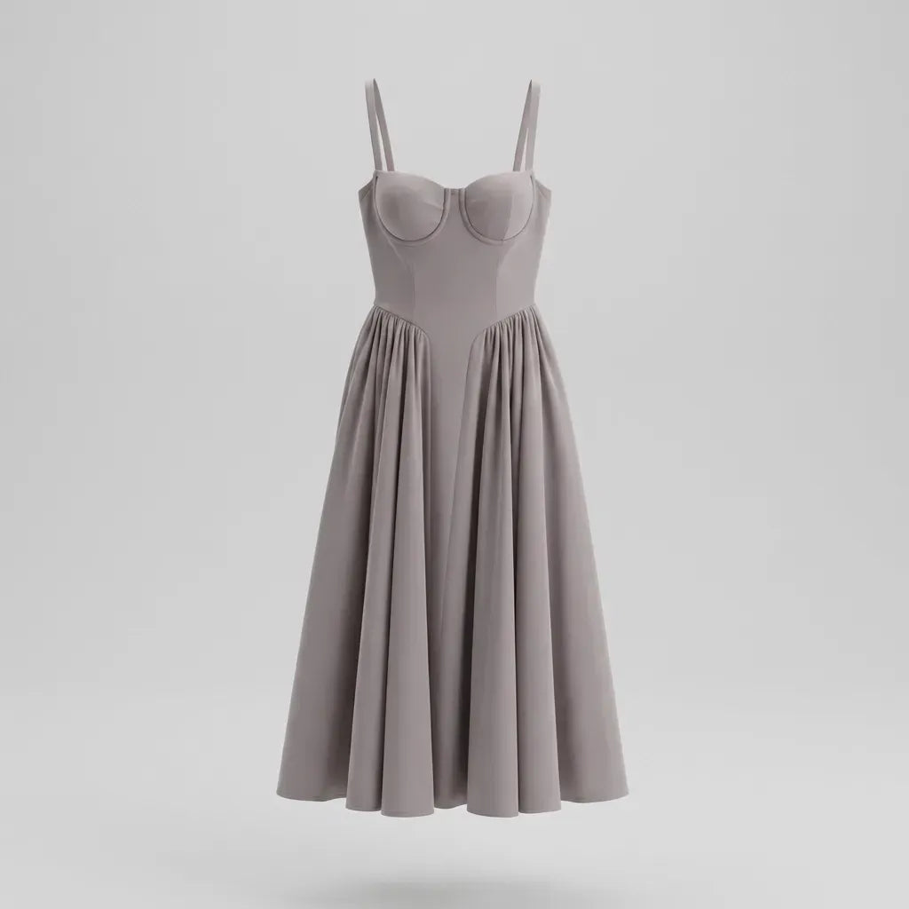 Midi A-Line Cocktail Dress with Spaghetti Straps Grey 11