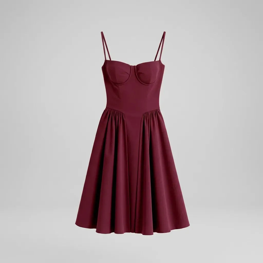 Midi A-Line Cocktail Dress with Spaghetti Straps Dark Red 12
