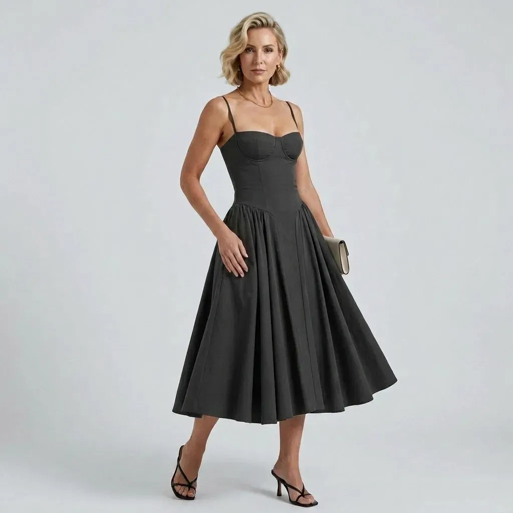 Midi A-Line Cocktail Dress with Spaghetti Straps Black 4