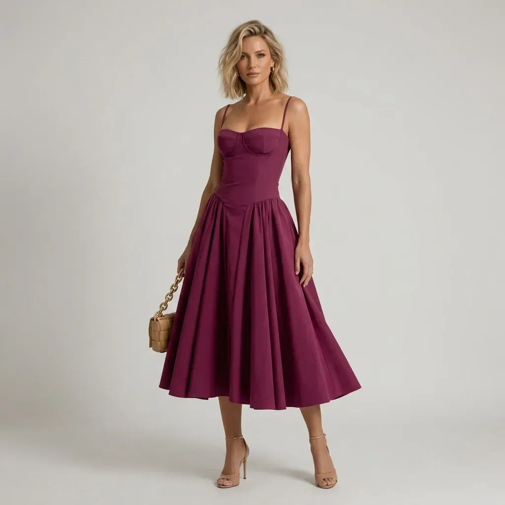 Midi A-Line Cocktail Dress with Spaghetti Straps Dark Red 5
