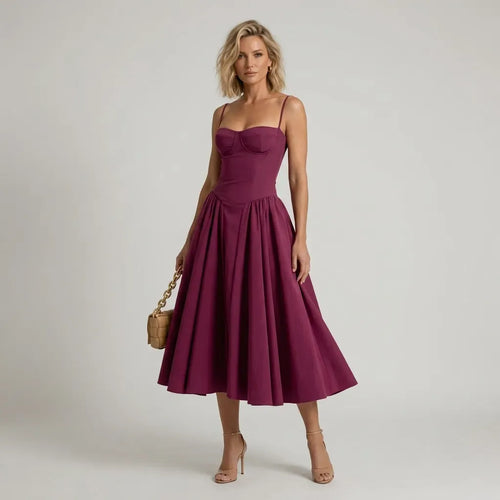 Midi A-Line Cocktail Dress with Spaghetti Straps Dark Red 5