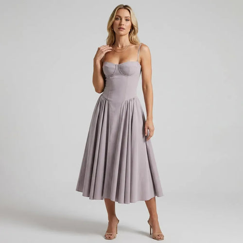 Midi A-Line Cocktail Dress with Spaghetti Straps Grey 6