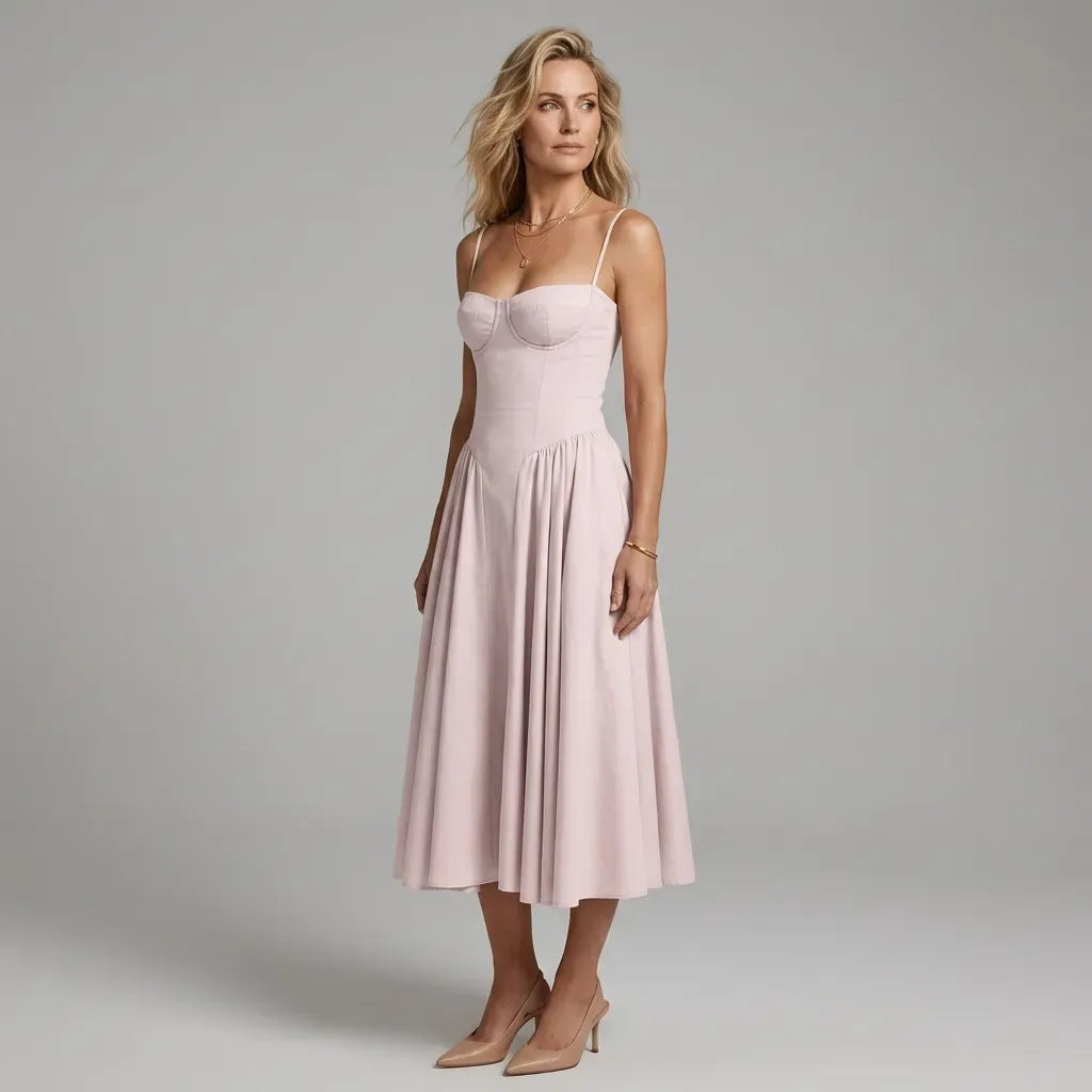 Midi A-Line Cocktail Dress with Spaghetti Straps Pink 7