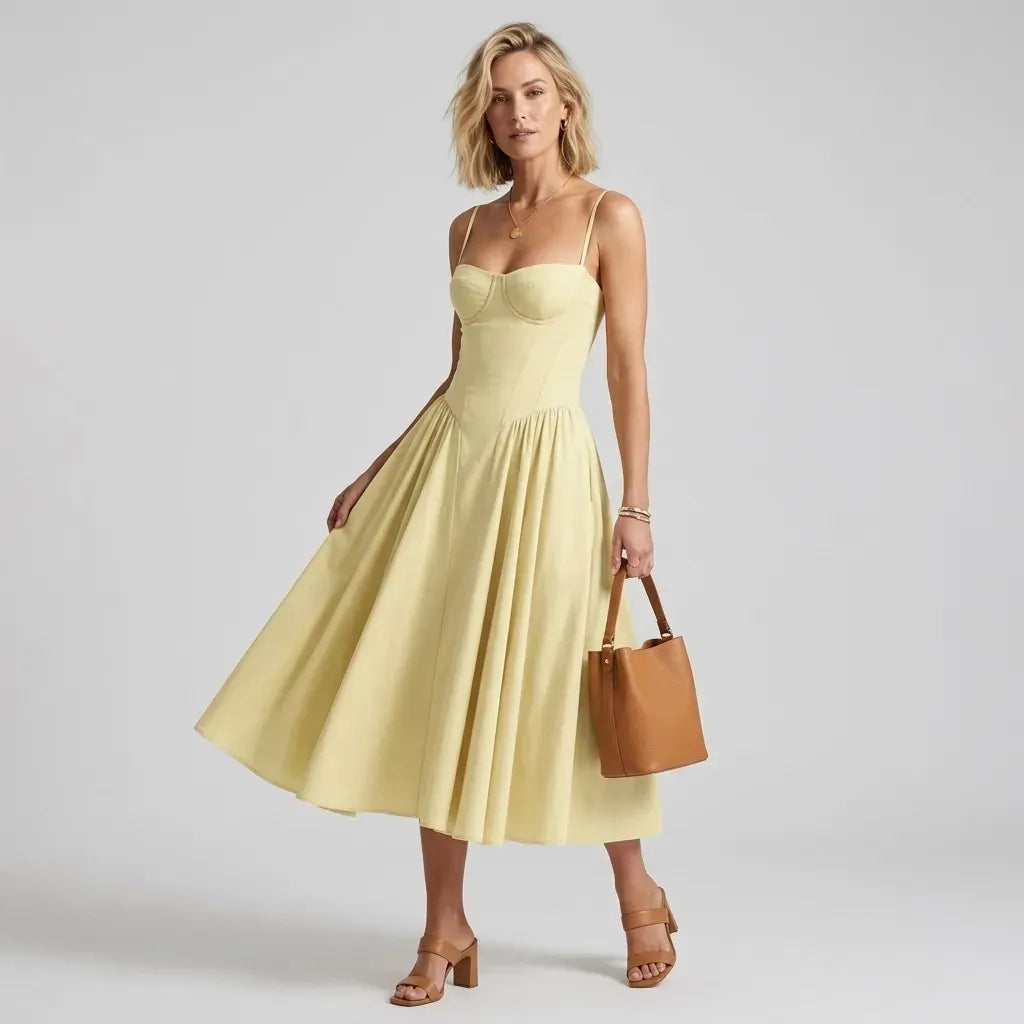 Midi A-Line Cocktail Dress with Spaghetti Straps Yellow 8