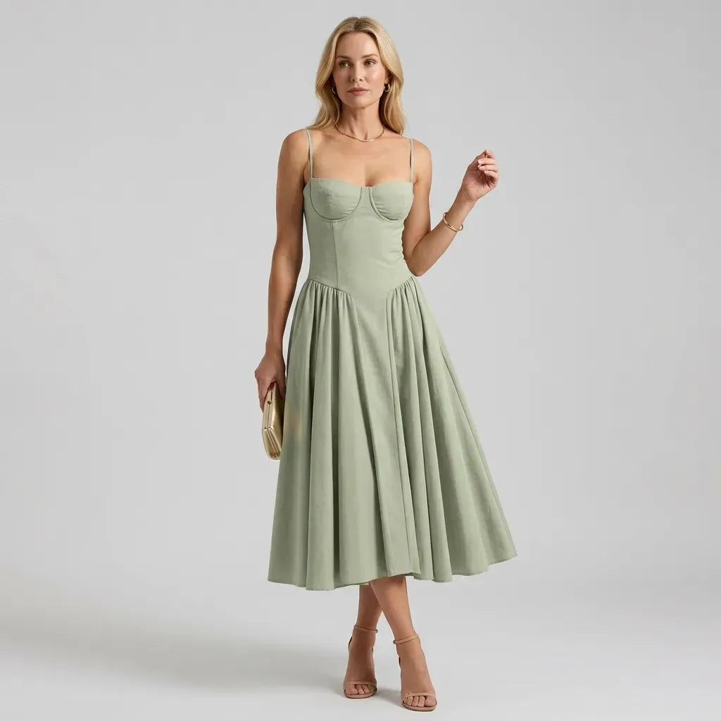Midi A-Line Cocktail Dress with Spaghetti Straps Green 9