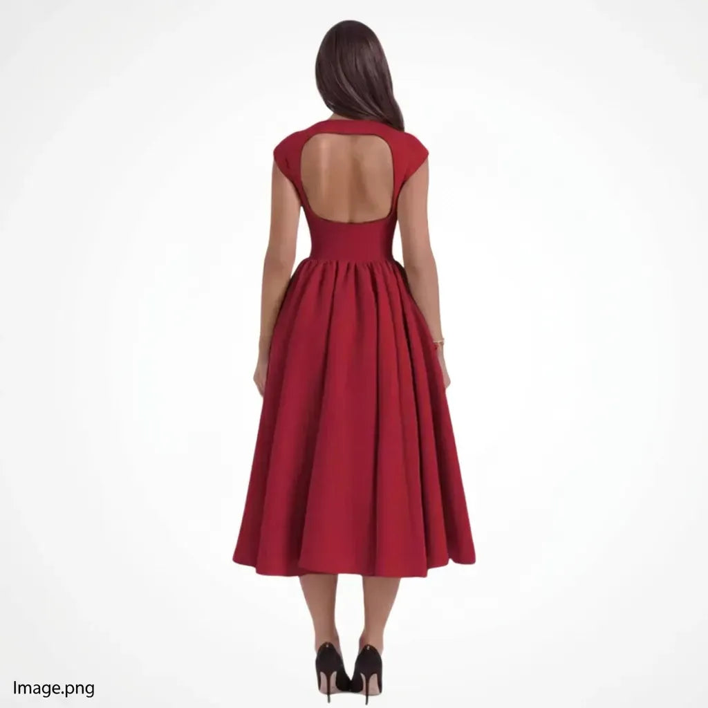 Midi A-Line Wedding Guest Dress with Sleeves Red 1