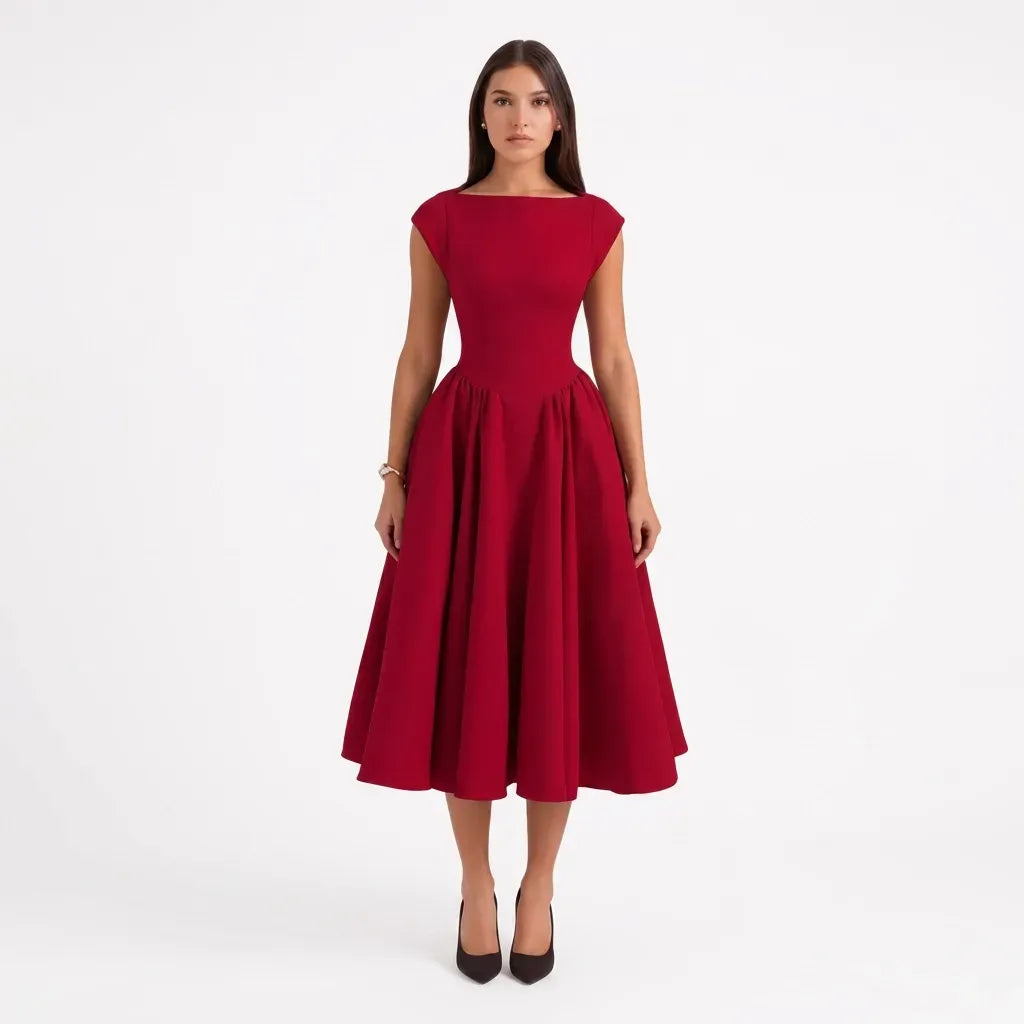 Midi A-Line Wedding Guest Dress with Sleeves Red 2