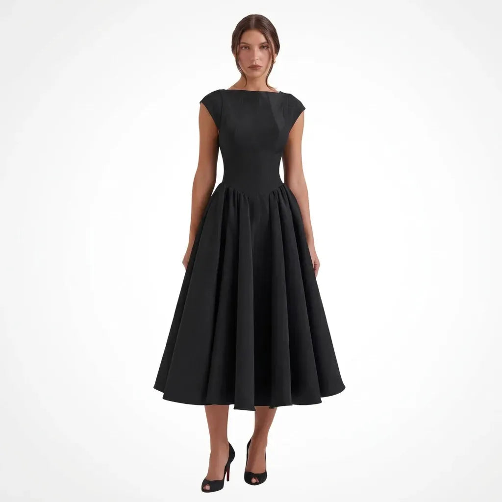 Midi A-Line Wedding Guest Dress with Sleeves Black 3