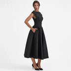 Midi A-Line Wedding Guest Dress with Sleeves Black 4