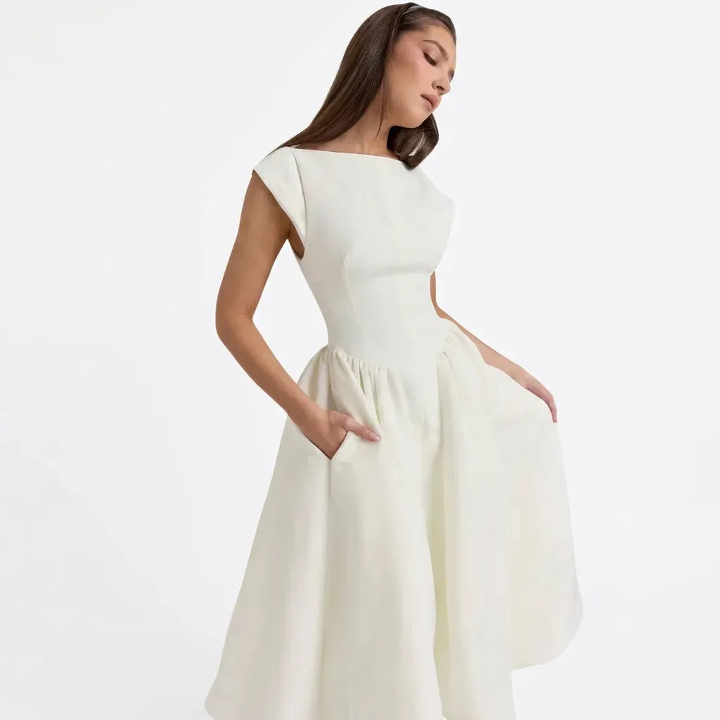 Midi A-Line Wedding Guest Dress with Sleeves White 7