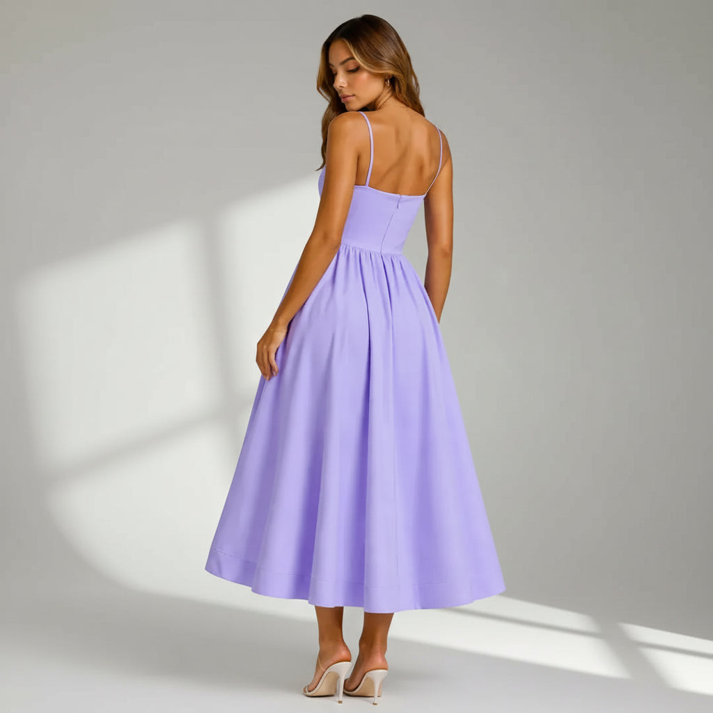 Midi A-Line Wedding Guest Dress with Spaghetti Straps Purple 1