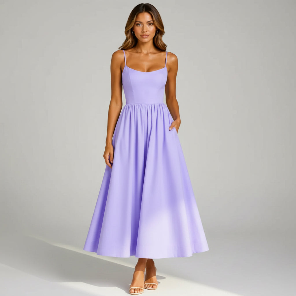 Midi A-Line Wedding Guest Dress with Spaghetti Straps Purple 2