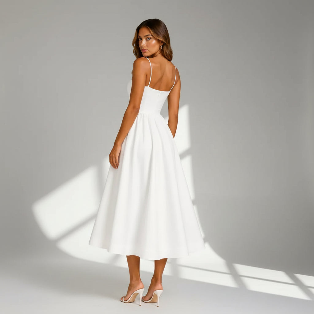 Midi A-Line Wedding Guest Dress with Spaghetti Straps White 3
