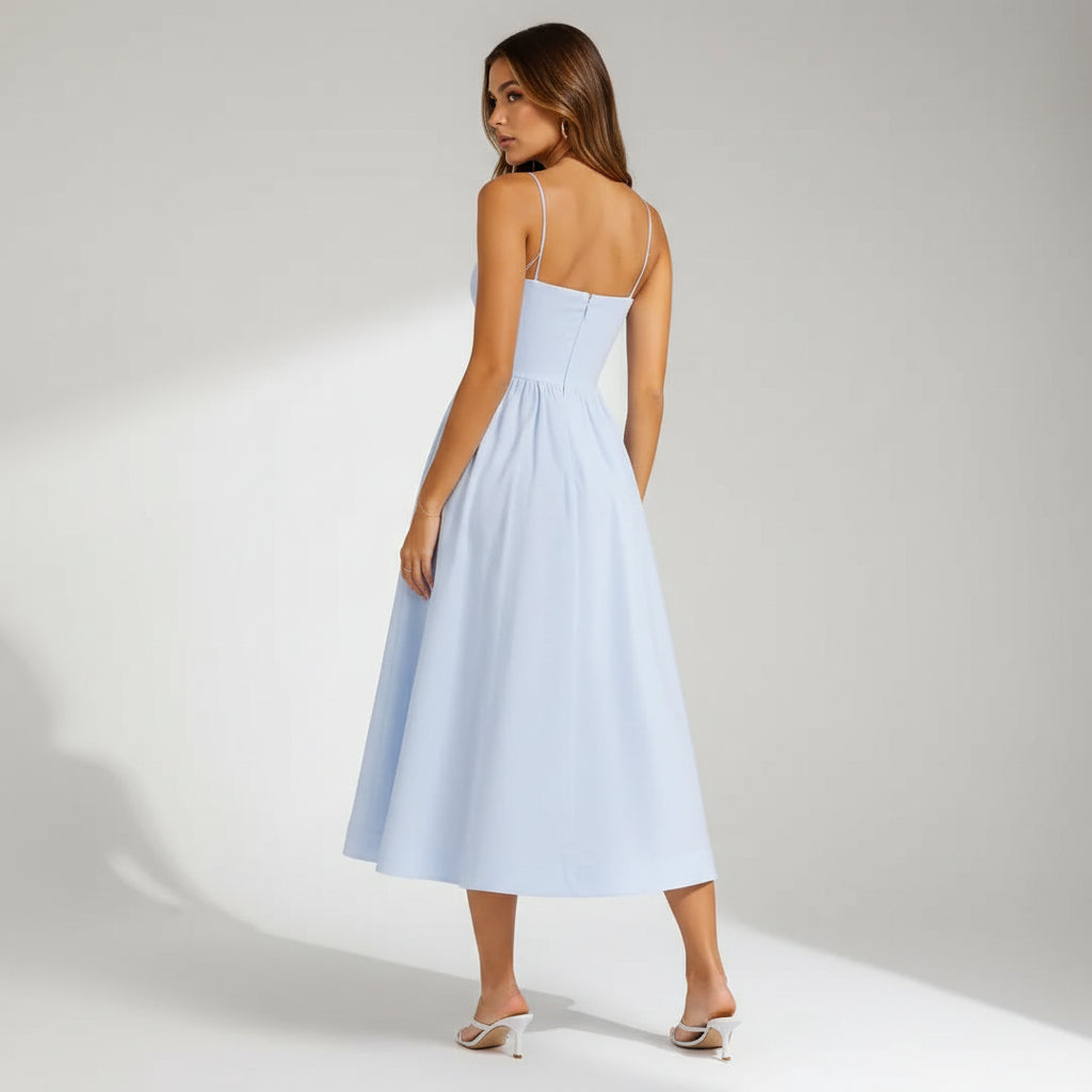 Midi A-Line Wedding Guest Dress with Spaghetti Straps Light Blue 5