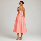 Midi A-Line Wedding Guest Dress with Spaghetti Straps Orange 7