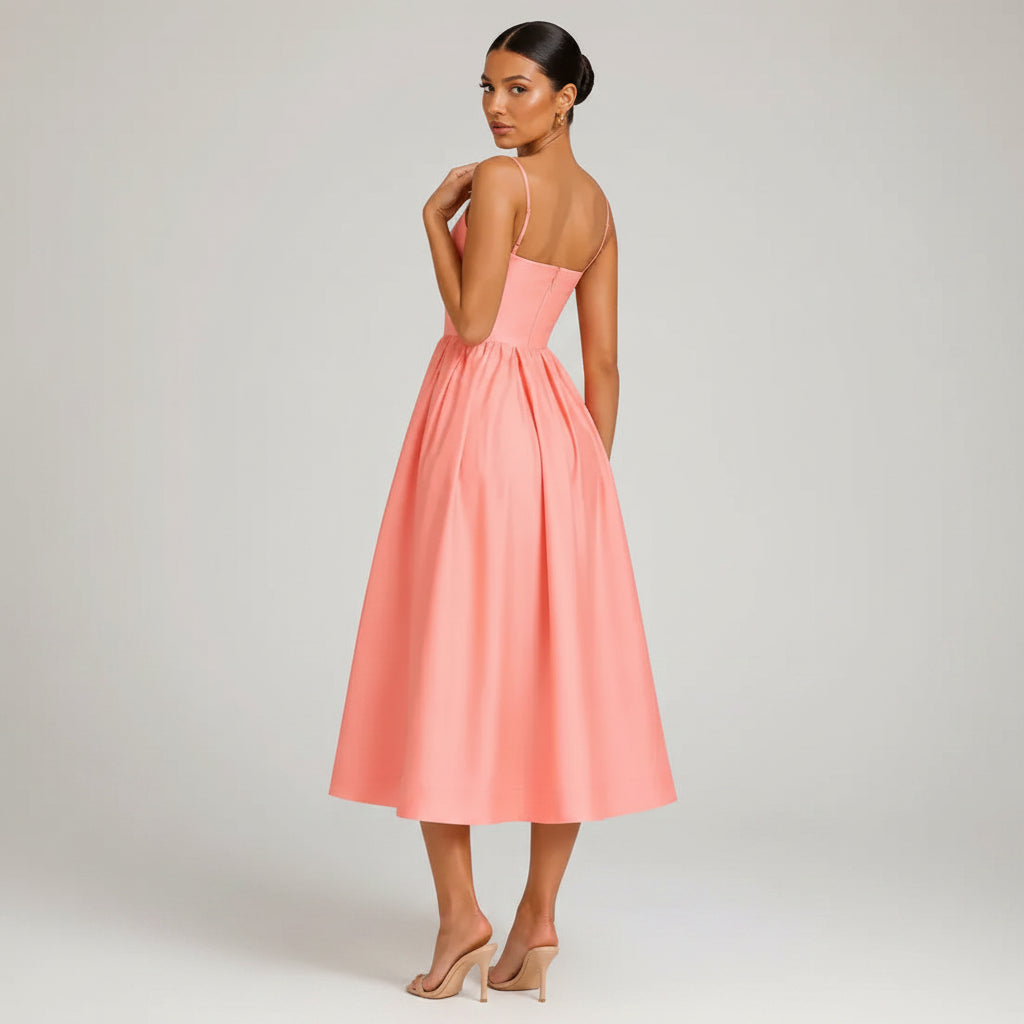 Midi A-Line Wedding Guest Dress with Spaghetti Straps Orange 7