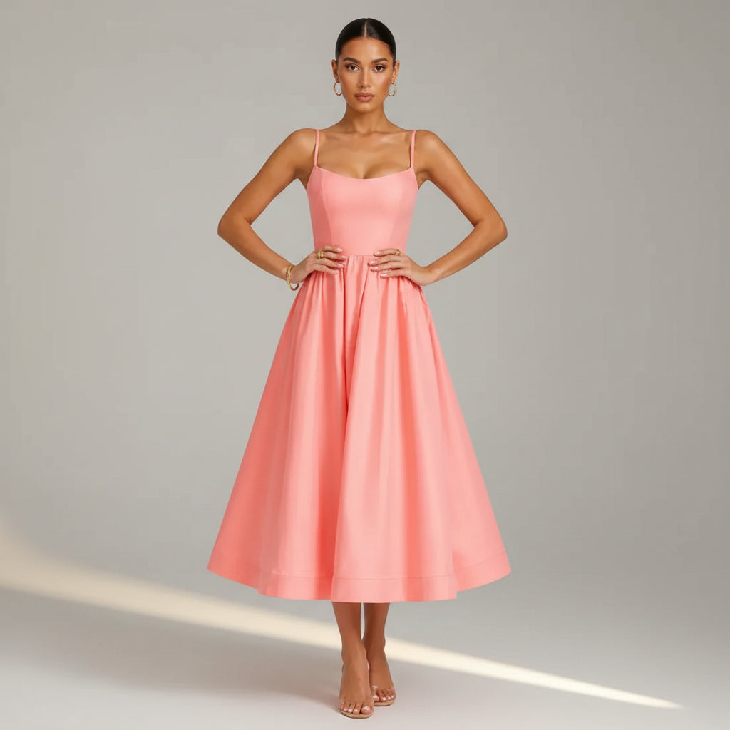 Midi A-Line Wedding Guest Dress with Spaghetti Straps Orange 8