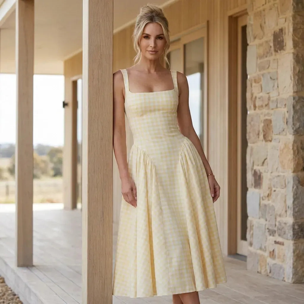 Midi Gingham Dress with Square Neck Yellow 1