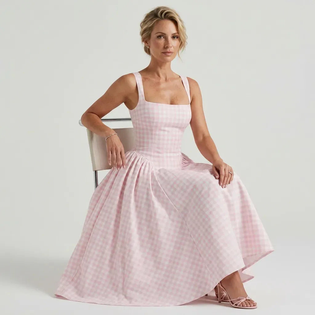 Midi Gingham Dress with Square Neck Pink 3