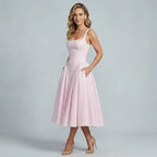 Midi Gingham Dress with Square Neck Pink 4