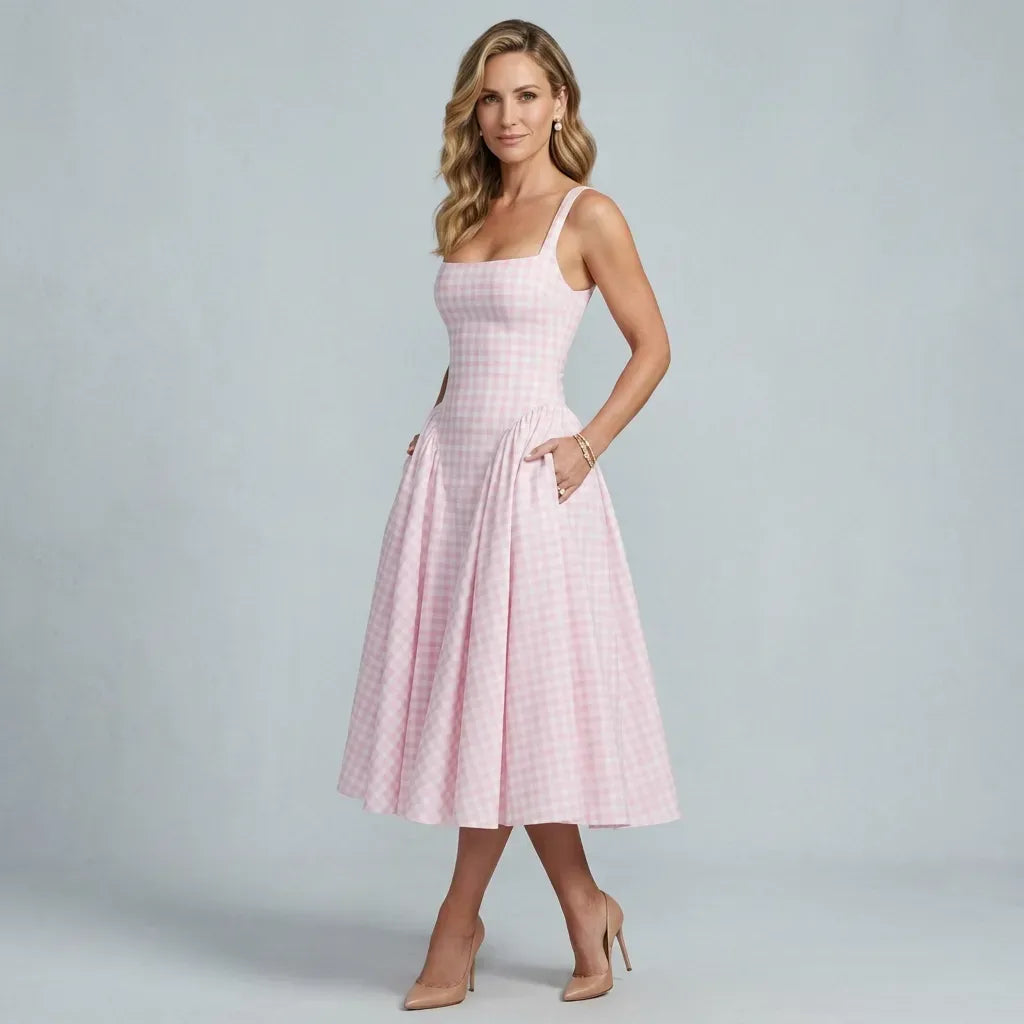 Midi Gingham Dress with Square Neck Pink 4