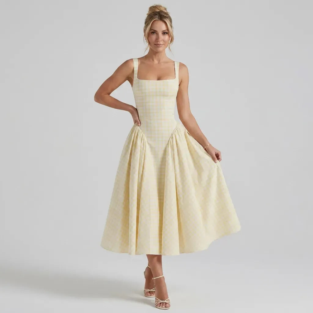 Midi Gingham Dress with Square Neck Yellow 5