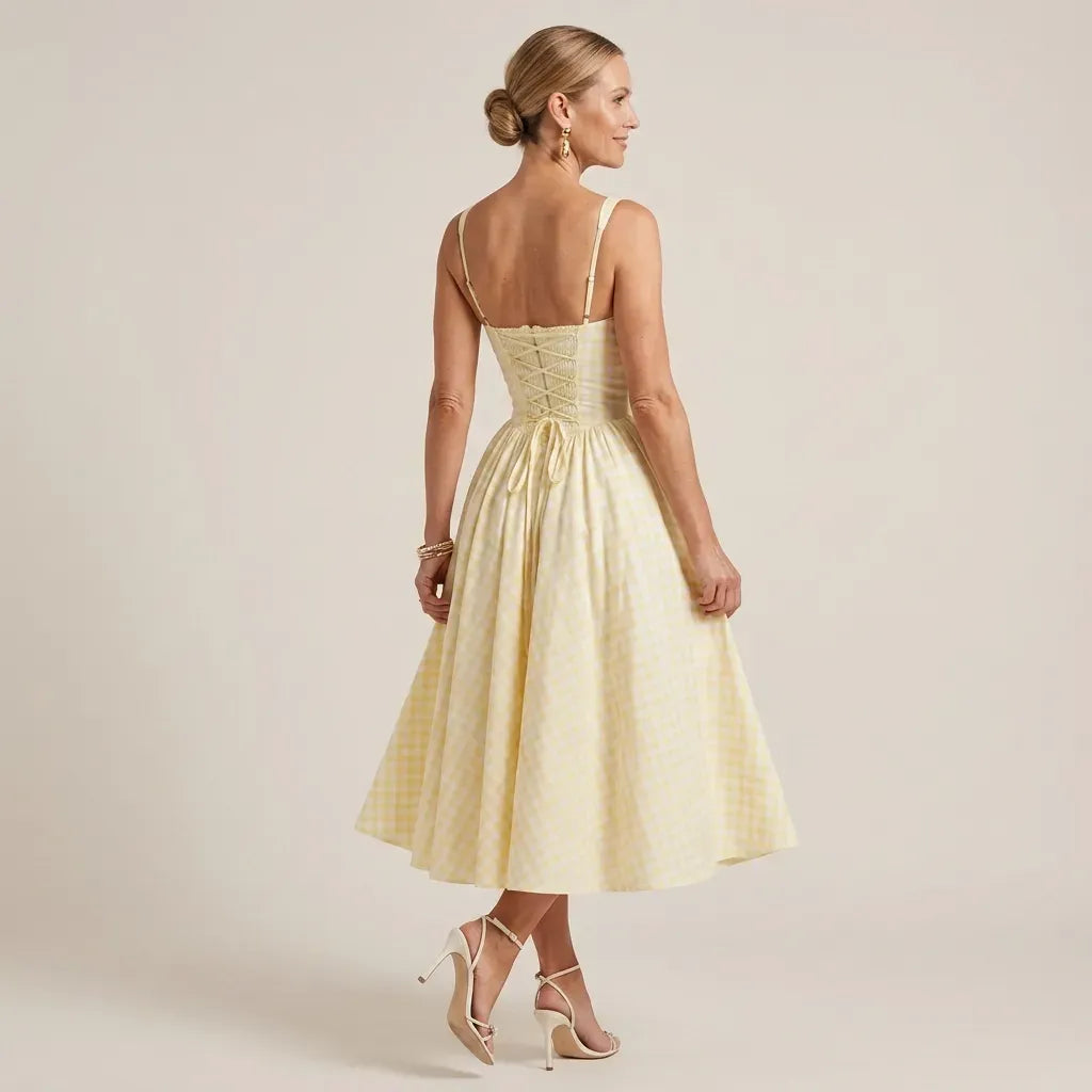 Midi Gingham Dress with Square Neck Yellow 6