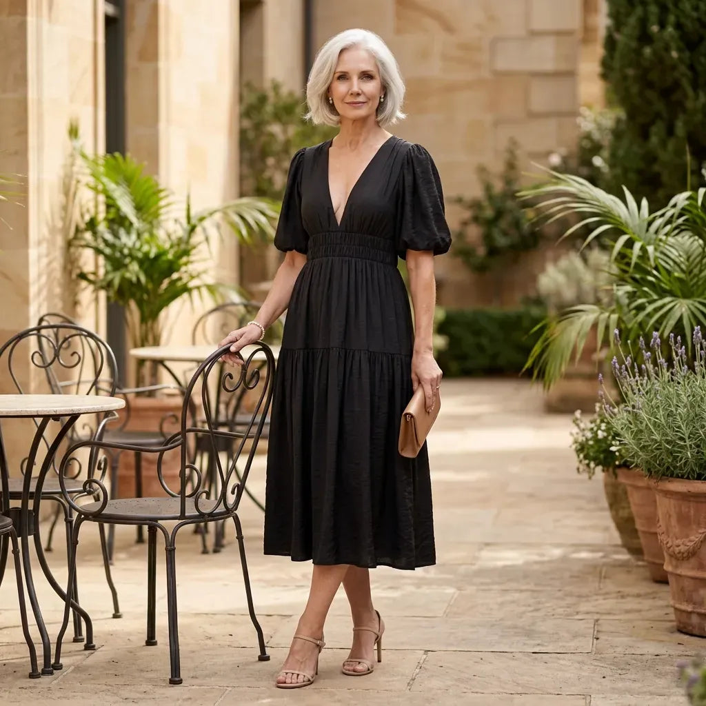 Midi Puff Sleeve Dress V-Neck Shirred Black 3