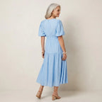 Midi Puff Sleeve Dress V-Neck Shirred Light Blue 4