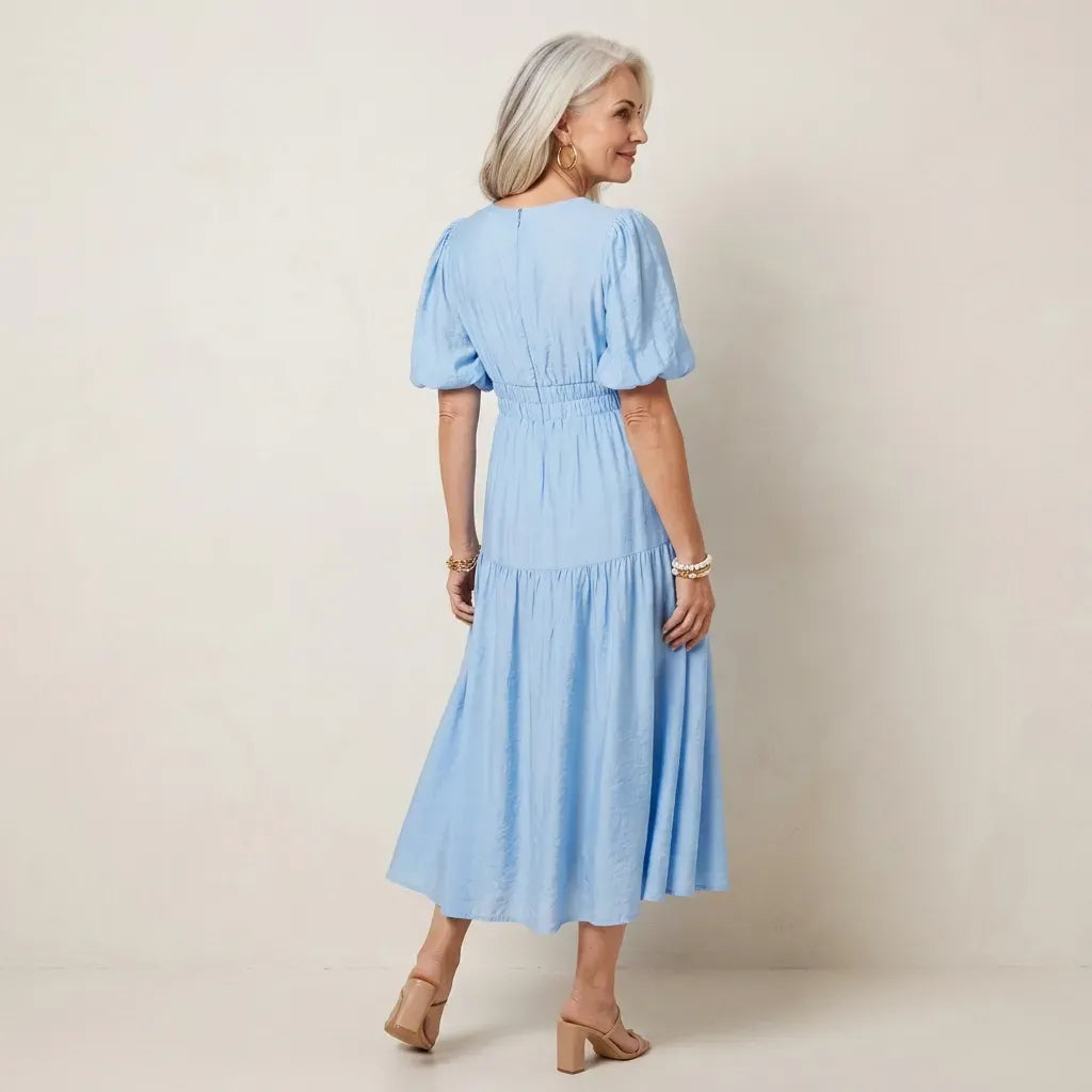Midi Puff Sleeve Dress V-Neck Shirred Light Blue 4