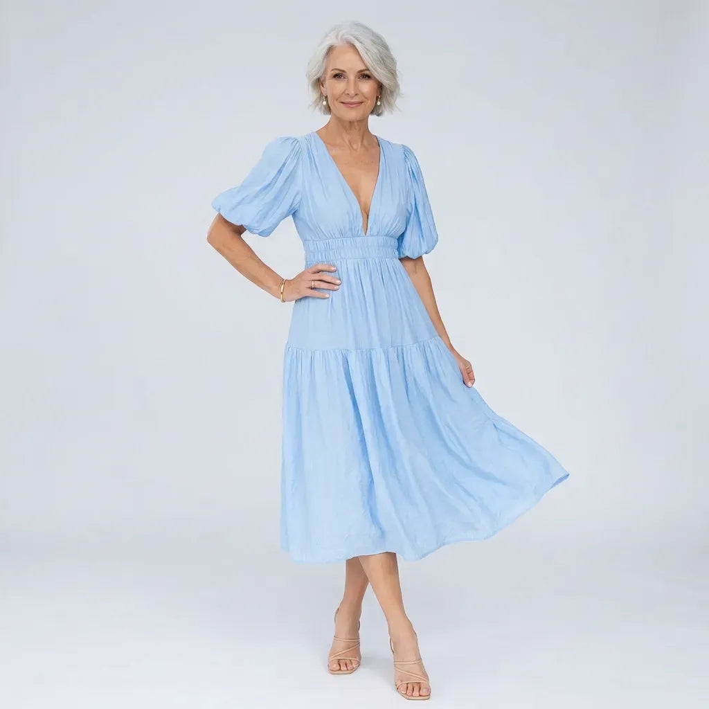 Midi Puff Sleeve Dress V-Neck Shirred Light Blue 5