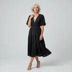 Midi Puff Sleeve Dress V-Neck Shirred Black 6