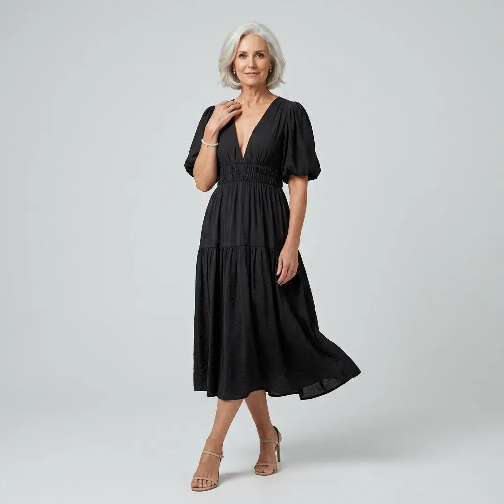 Midi Puff Sleeve Dress V-Neck Shirred Black 6