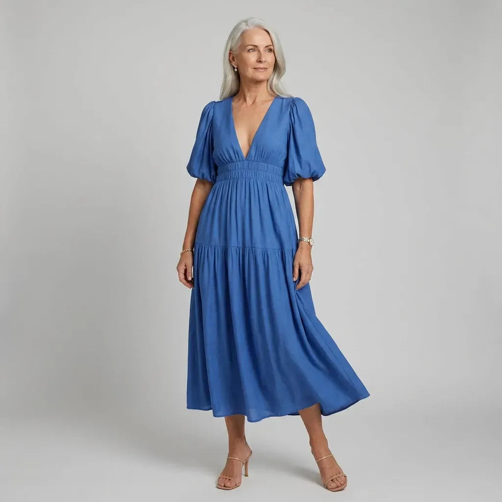 Midi Puff Sleeve Dress V-Neck Shirred Blue 7