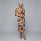 Midi V Neck Tulle Puff Sleeve Dress Beige 3