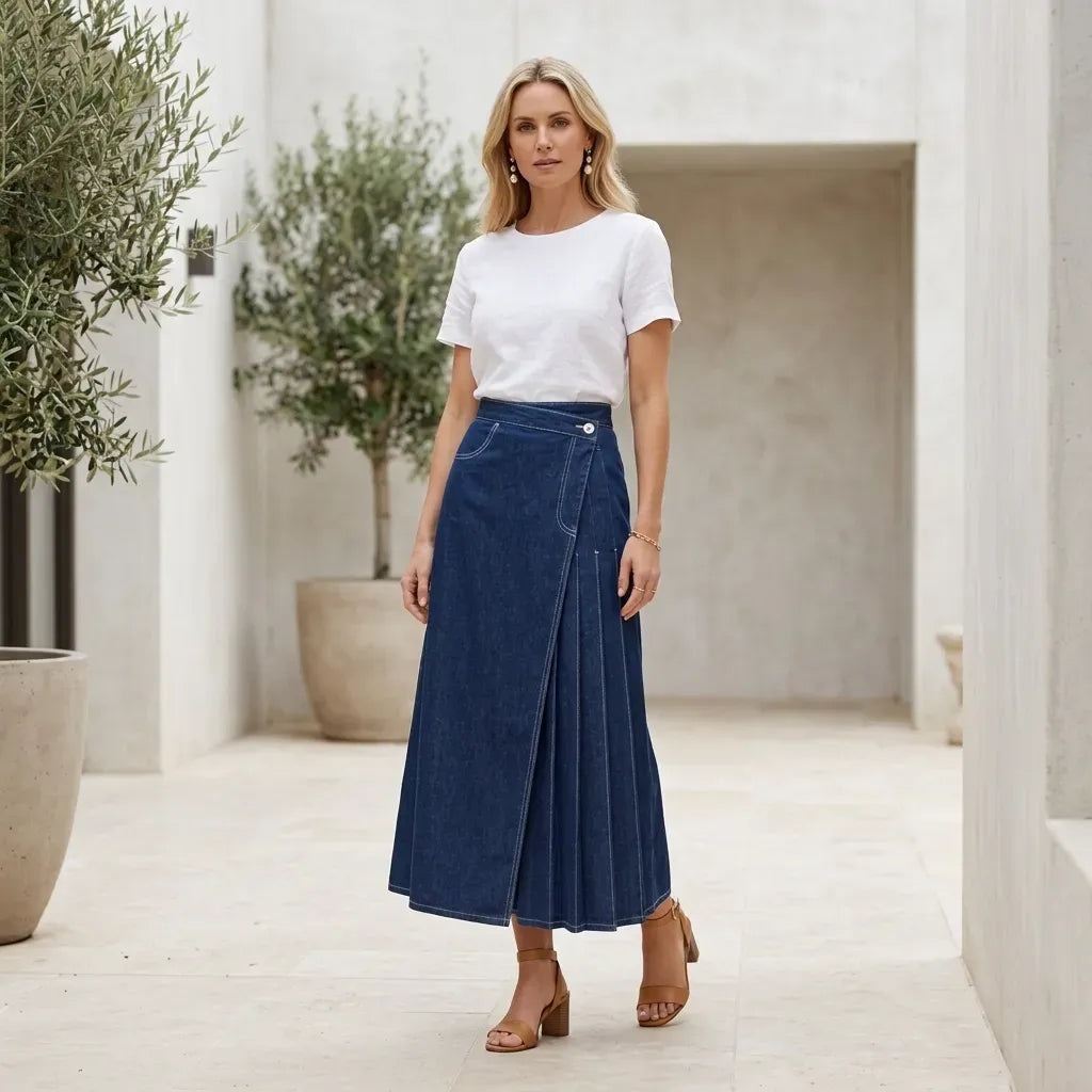 Midi Wrap Denim Skirt with Pockets Dark Blue 1