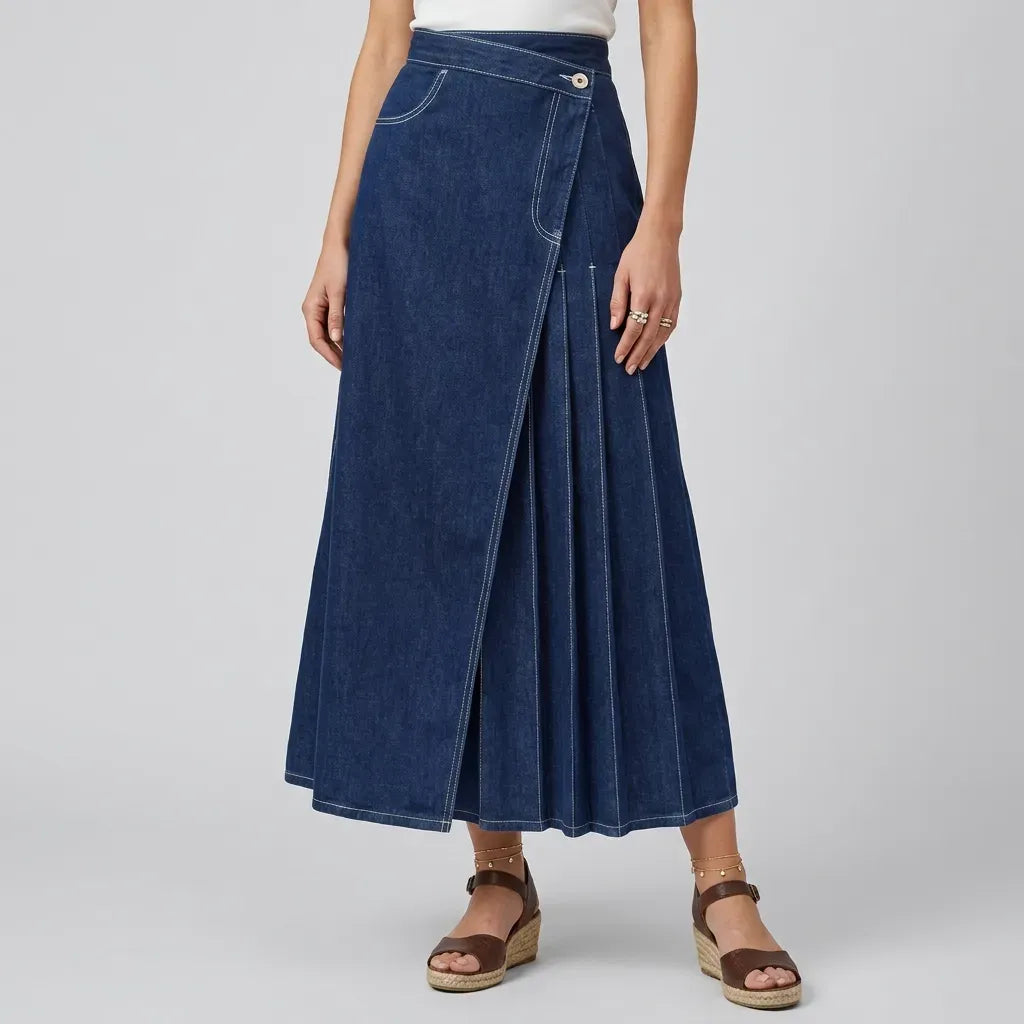 Midi Wrap Denim Skirt with Pockets Dark Blue 2