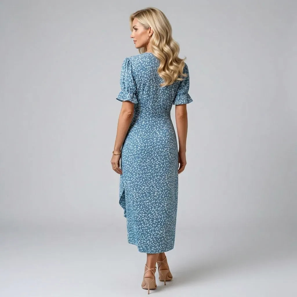 Midi Wrap Dress with V Neck Ruffle Detail Blue 2