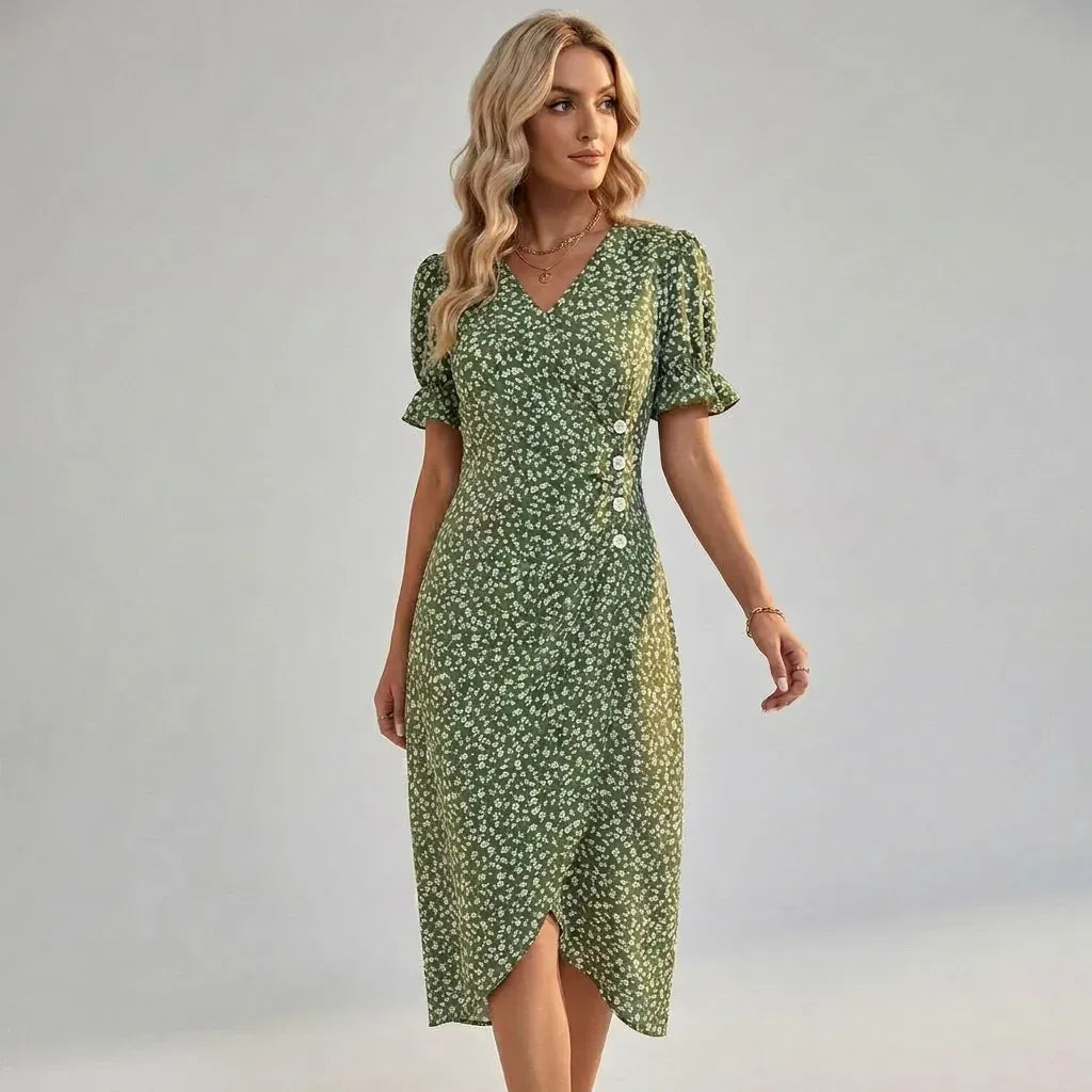 Midi Wrap Dress with V Neck Ruffle Detail Green 3