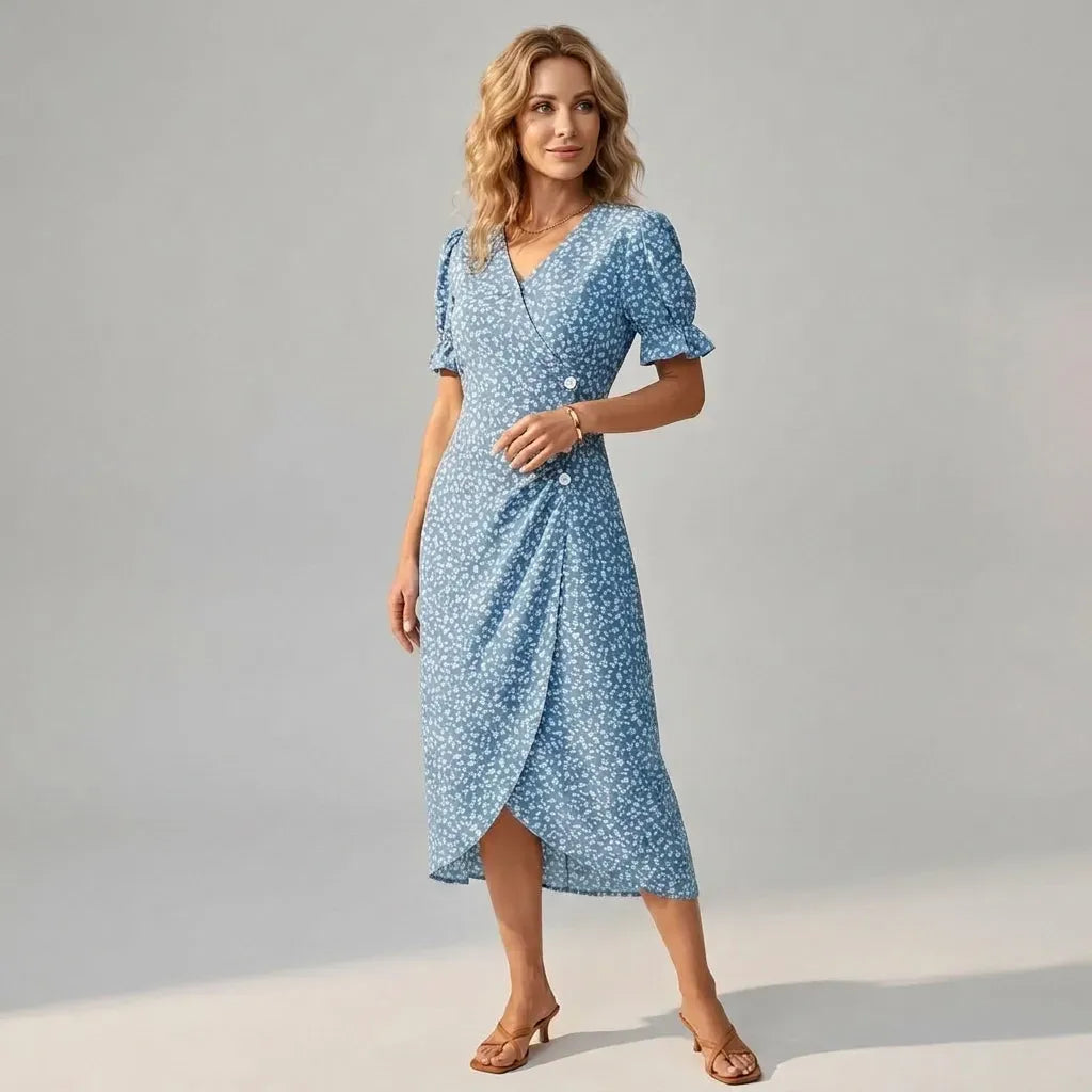 Midi Wrap Dress with V Neck Ruffle Detail Blue 4