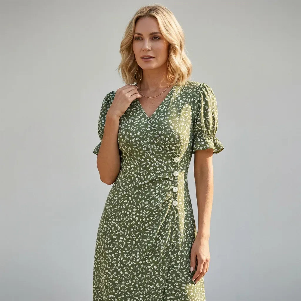 Midi Wrap Dress with V Neck Ruffle Detail Green 5