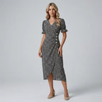 Midi Wrap Dress with V Neck Ruffle Detail Black 6