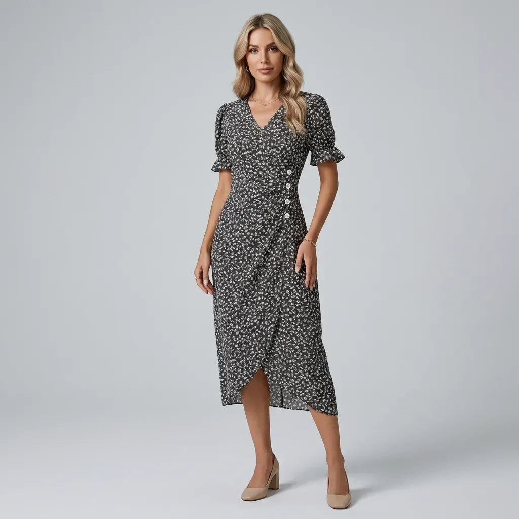 Midi Wrap Dress with V Neck Ruffle Detail Black 6