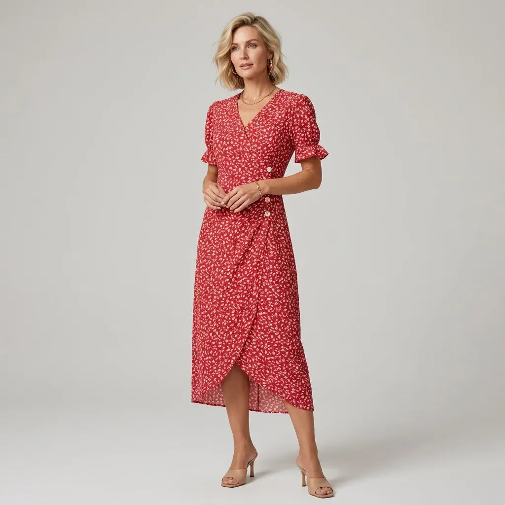 Midi Wrap Dress with V Neck Ruffle Detail Red 7