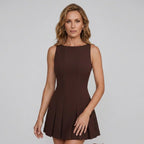 Mini A-Line Boat Neck Dress with Box Pleats Brown 3