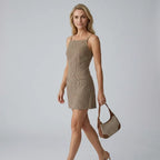Mini Gingham Dress with Square Neck Brown 3