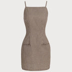 Mini Gingham Dress with Square Neck Brown 6