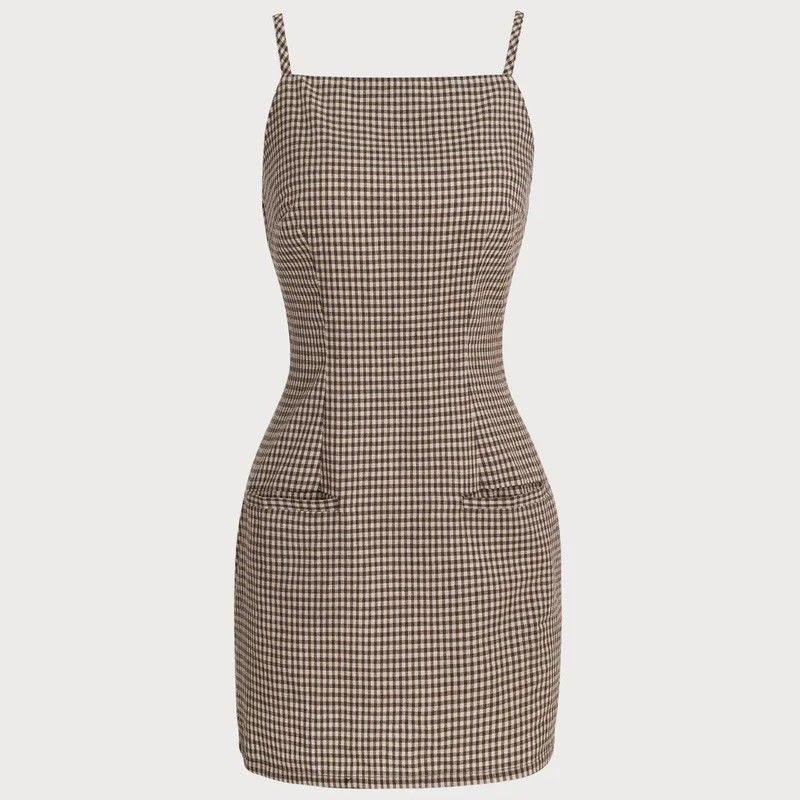 Mini Gingham Dress with Square Neck Brown 6