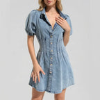 Mini Puff Sleeve Denim Dress Button Down Denim 1